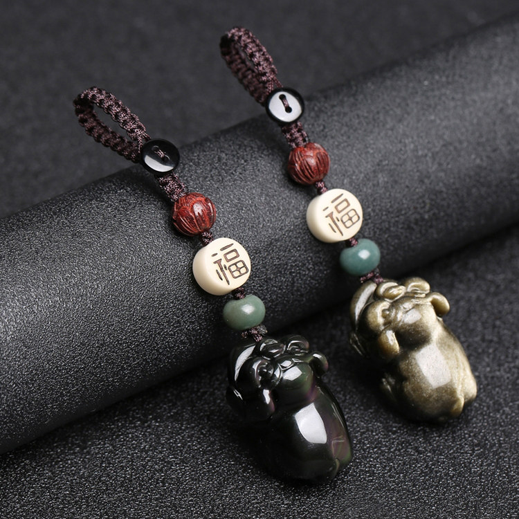 Natural obsidian pig car keybuckle piece female mobile phone chain bag package hanging piece cute