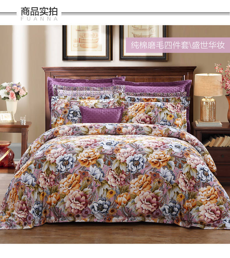 Anna giàu bông dệt chải denim giường bông vải quilt bộ 1.8m giường đôi 4 - Bộ đồ giường bốn mảnh chăn ga gối everon