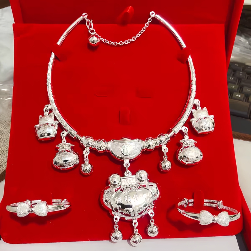 999 Pure Silver Baby Sterling Silver Necklace Set Full Moon Hundred Days First Birthday Gift Child Infant Longevity Lock Gift