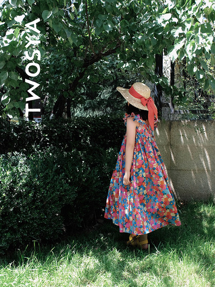 TWOSYA原创童装 夏季复古繁花小飞袖度假长裙女潼连衣裙 亲子装