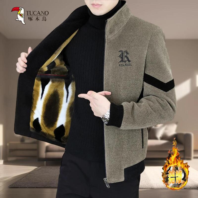 Woodpecker Men's Winter Fleece-Lined Thick Woolen Jacket Fashionable Casual Short Stand Collar Warm Mink Velvet Jacket