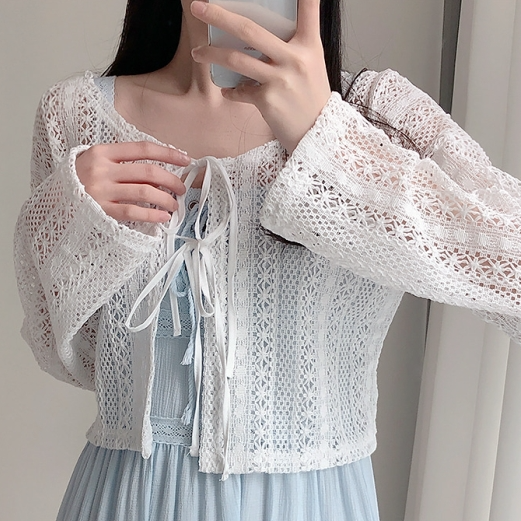 Spot Korea purchased authentic women's ladies hollow pattern thin -seeking lightweight lace lace sunscreen shirt cardigan