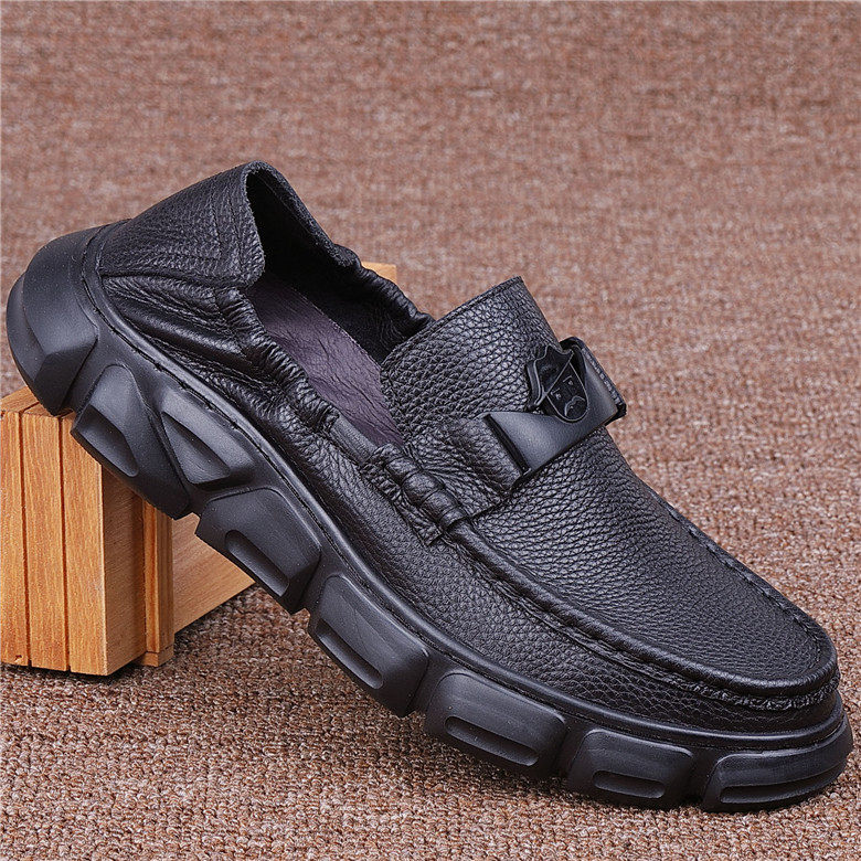 Foreign trade casual leather shoes men's thick-soled men's toe layer leather shoes men's slip-on shoes non-slip soft-soled dad leather shoes