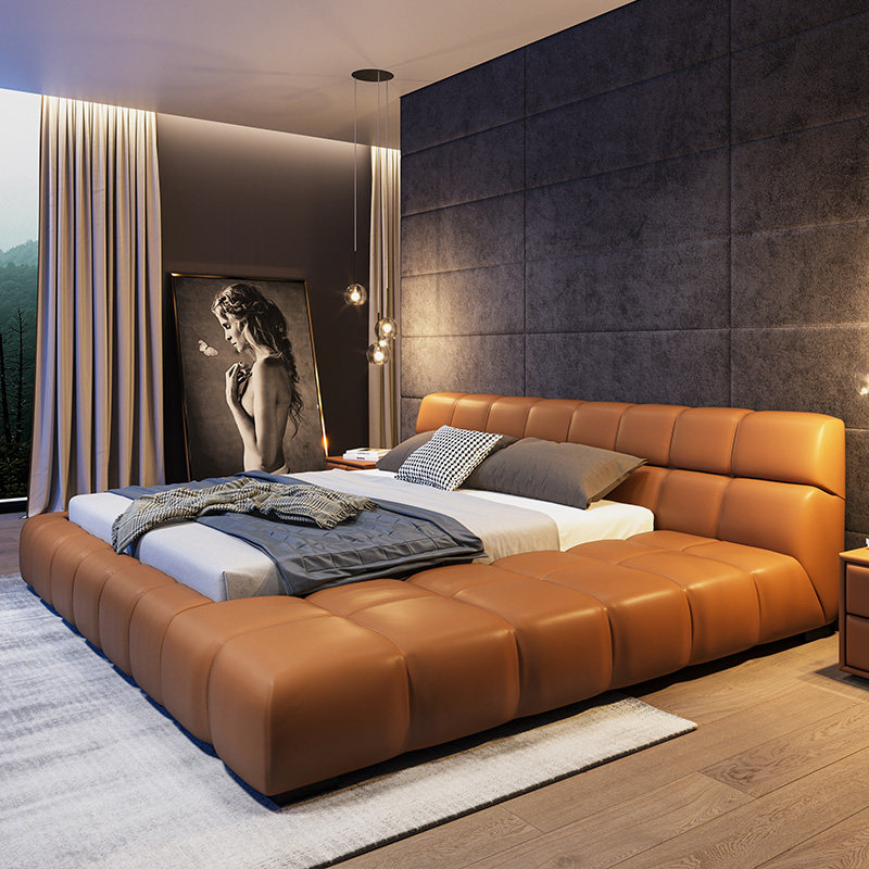 Italian-style minimalist leather bed light luxury modern minimalist soft-packed bed master bedroom double bed Japanese-style tatami floor-to-ceiling bed