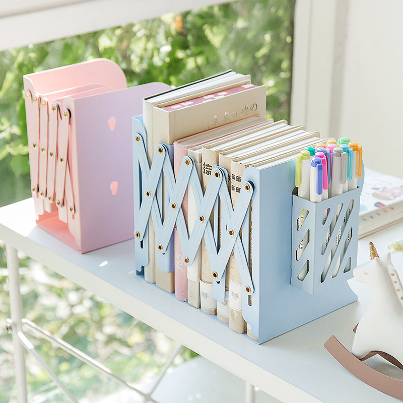 Three years of the second class telescopic iron book stand with pen holder hollow folding simple bookshelf students multi-function desktop block bookshelf desk hanging book bag の book storage textbook finishing baffle book stand