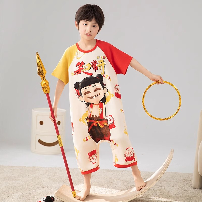 Nezha Children's One-Piece Pajamas for Boys, Summer Thin Pure Cotton, Big Kids Anti-Kick Quilt, Belly Protection, Anti-Cold Boy Sleeping Bag