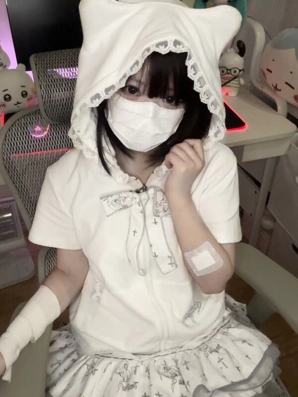 Black Mist Call Short Sleeve Zipper Cat Ear Cute Jacket White Suit Puffy Skirt Yabi Meipai Original