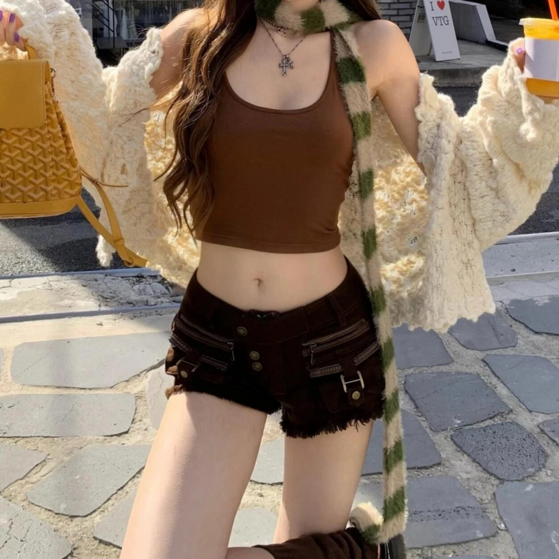 American-Style Y2K Spicy Girl Brown Frayed Low-Waist Denim Ultra-Short Shorts for Women, 2026 Autumn and Winter New Slim-Fit Hip-Hugging Hot Pants