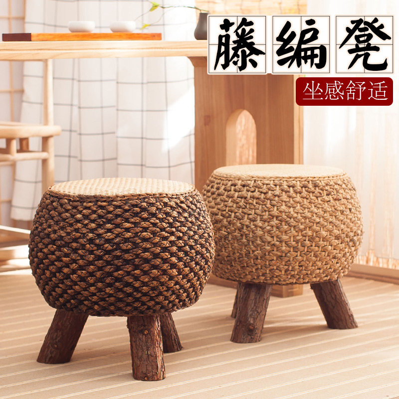 Grass-knitted bench Bench Fields Countryside Dwarf Bench Cane choreography Shoes Stool Sofa Stool stool Stylish Solid Wood Small Round Stool Home