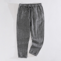  Mr Wu solid color elastic waist drawstring linen pants mens summer thin Chinese style loose straight nine-point pants tide