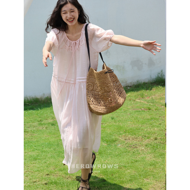 Herowrows26 Summer 100% Ramie Youthful Lightweight Flowy Hollow Embroidery Lace-Up Reversible Dress Herowrows26 Summer 100% Ramie Youthful Lightweight Flowy Hollow Embroidery Lace-Up Reversible Dress
