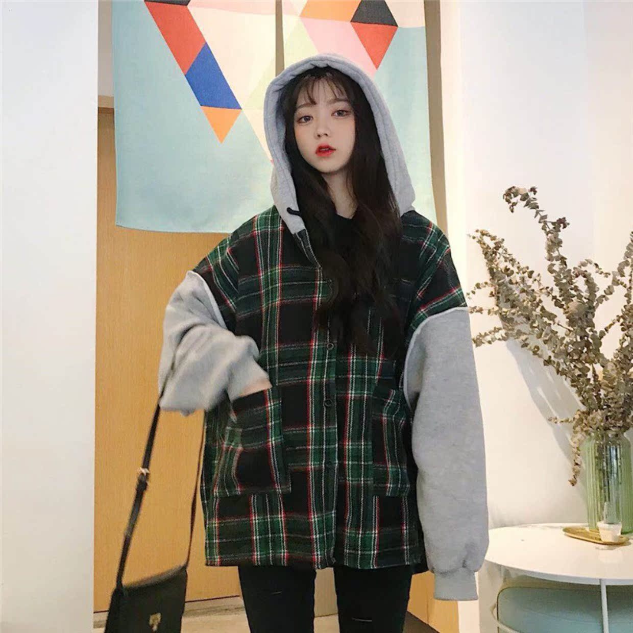 Mùa thu nữ phiên bản Hàn Quốc của lưới dài đoạn khâu giả hai áo len trùm đầu áo len rộng tay áo khoác dài - Áo len áo khoác len