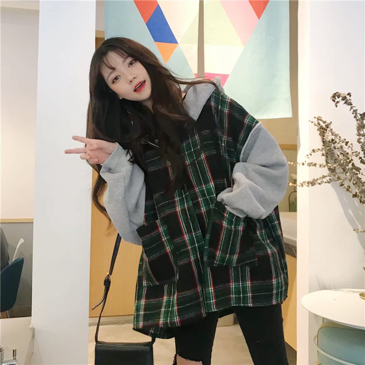 Mùa thu nữ phiên bản Hàn Quốc của lưới dài đoạn khâu giả hai áo len trùm đầu áo len rộng tay áo khoác dài - Áo len áo khoác len
