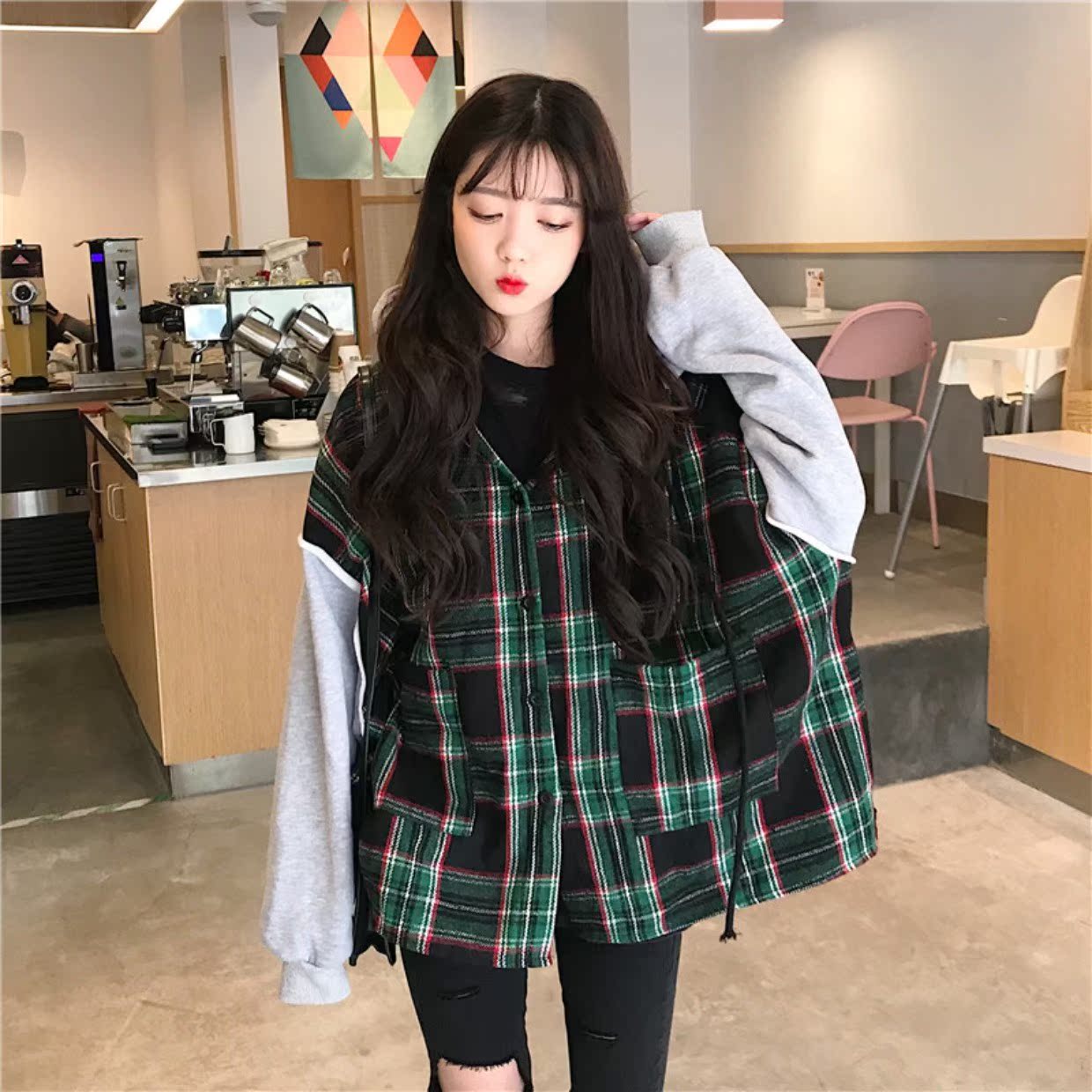 Mùa thu nữ phiên bản Hàn Quốc của lưới dài đoạn khâu giả hai áo len trùm đầu áo len rộng tay áo khoác dài - Áo len áo khoác len