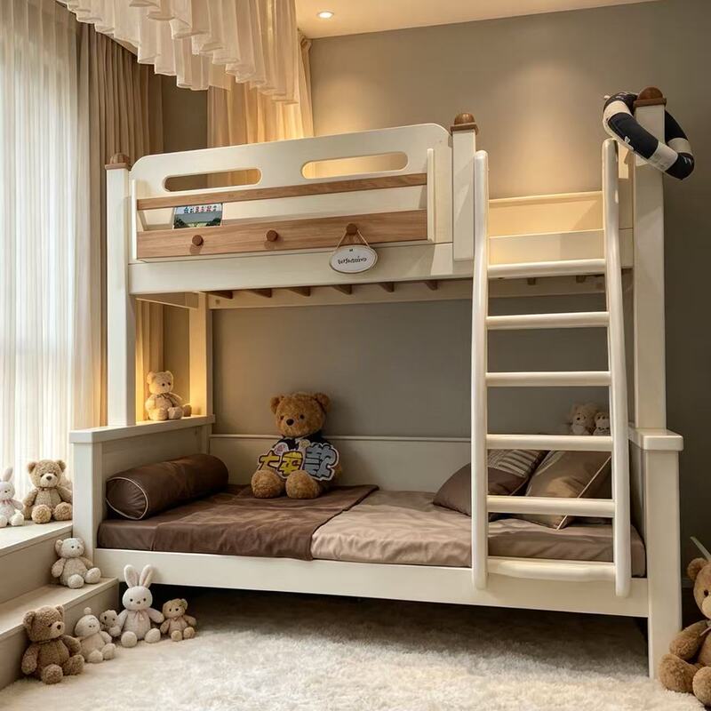 Cream-Style Children's Bunk Bed, Two-Story Solid Wood Bed, Double Bed, Nordic Style, Simple and Light Luxury Cream-Style Children's Bunk Bed, Two-Story Solid Wood Bed, Double Bed, Nordic Style, Simple and Light Luxury