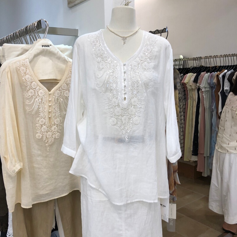 Clearance Embroidered V-Neck Three-Quarter Sleeve Linen Shirt for Women 2026 Summer New Korean Style Sun Protection Shirt Top Pk26860