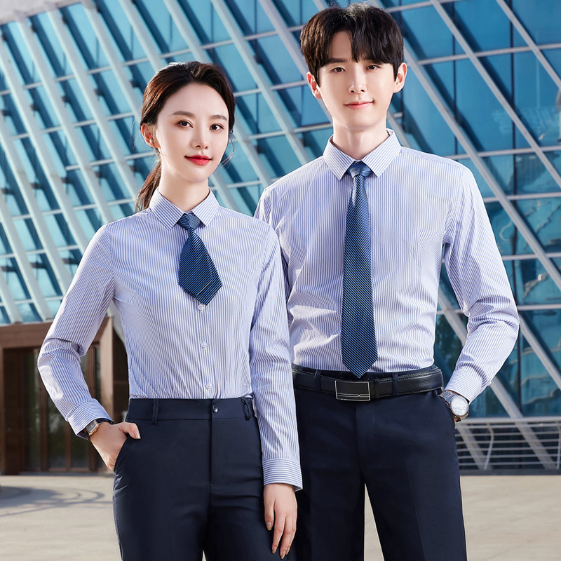 Striped Shirt, Unisex, Pure Cotton, Office Long-Sleeve Shirt with Vertical Blue Stripes, High-End Style, Can Be Embroidered with Logo