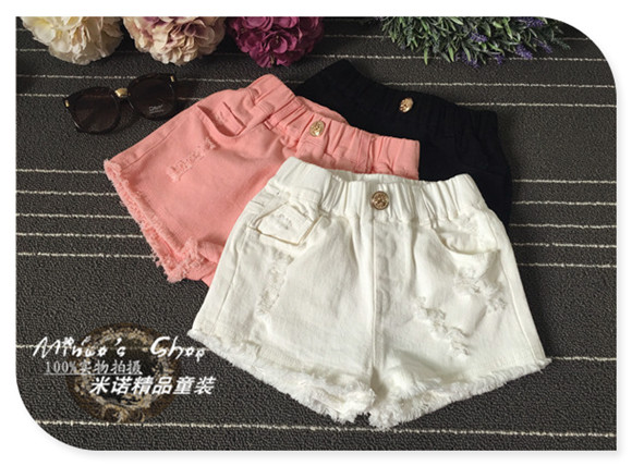 Cô gái đen trắng quần short denim mùa hè bông lỗ trẻ em Hàn Quốc phiên bản của trẻ em lớn phần mỏng quần nóng bên ngoài mặc