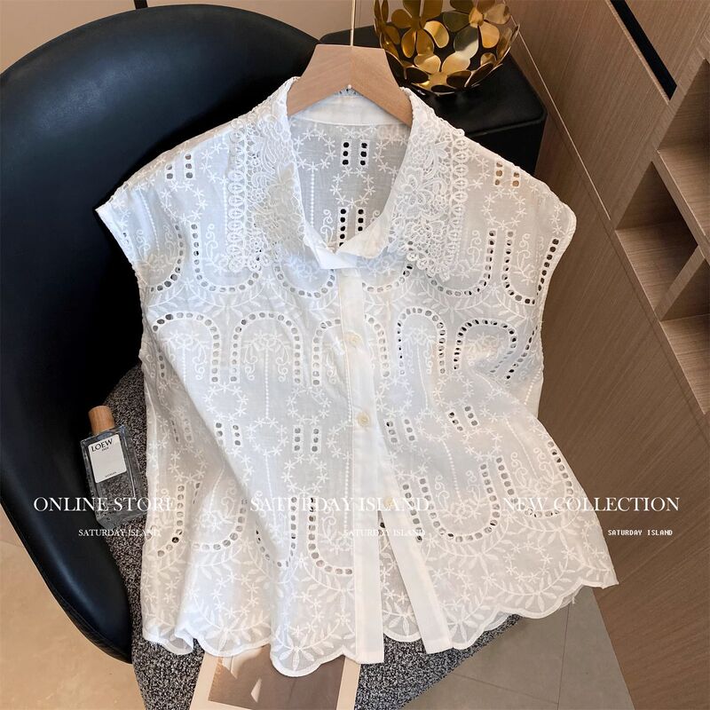 Lace Hollow-Out Polo Collar Sleeveless Shirt for Women, New Summer Korean Style, Salt-Style, Super Fairy-Like, Sweet and Unique Tank Top