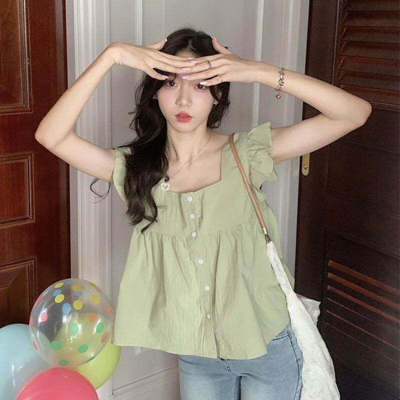 French-Style Square-Neck Short-Sleeved Shirt for Women, New Summer Design, Niche, Sweet, Age-Reducing Sleeveless Top French-Style Square-Neck Short-Sleeved Shirt for Women, New Summer Design, Niche, Sweet, Age-Reducing Sleeveless Top