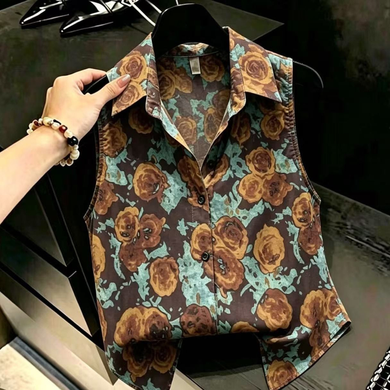 Retro Hong Kong Style Sleeveless Rose Print Shirt for Women, New Summer Style, Fashionable, Simple and Elegant Bottoming Top, Trendy Retro Hong Kong Style Sleeveless Rose Print Shirt for Women, New Summer Style, Fashionable, Simple and Elegant Bottoming Top, Trendy