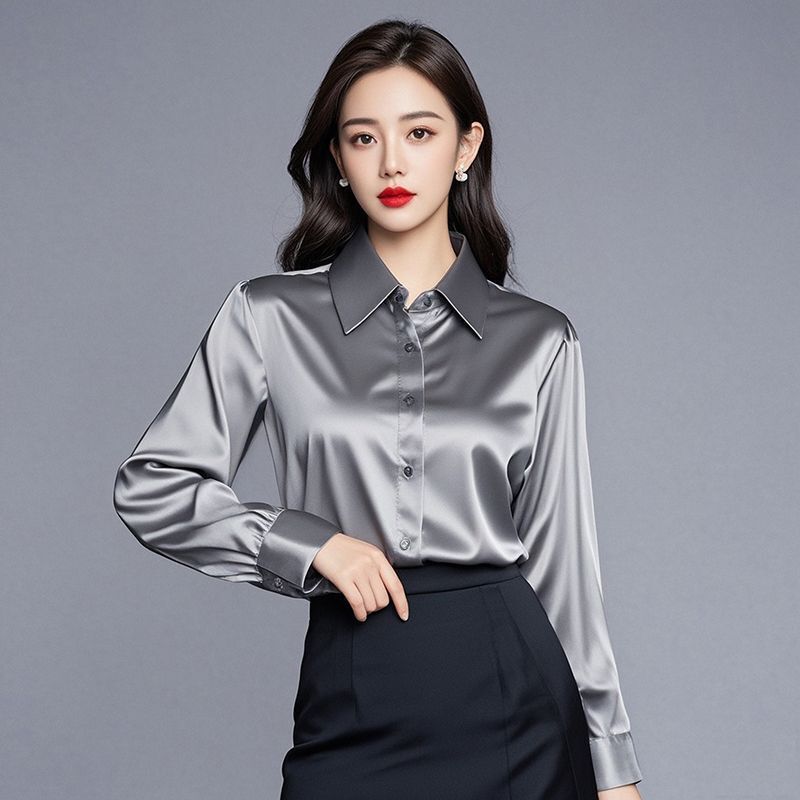 High-End and Elegant Professional Satin Gray Shirt for Women, Long-Sleeved, New Spring and Autumn Style, Silky Drape, Base Layer Workwear Top High-End and Elegant Professional Satin Gray Shirt for Women, Long-Sleeved, New Spring and Autumn Style, Silky Drape, Base Layer Workwear Top