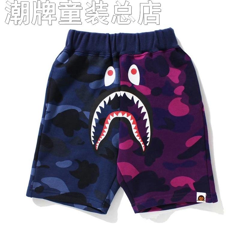 Japanese Trendy Brand Bape Camouflage Color-Block Shorts for Children, Shark-Themed Loose Beach Shorts for Toddlers and Kids, Parent-Child Matching Outfits