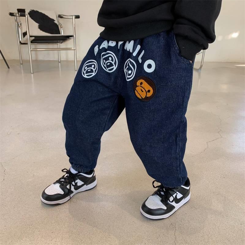 Japanese Trendy Brand Bape Children's Clothing Boys' Baby Pants Versatile Fleece-Lined Thickened Jeans Trendy Casual Long Pants