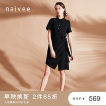 naivee 2021 spring new commuter temperament lapel irregular hanging black shirt dress female