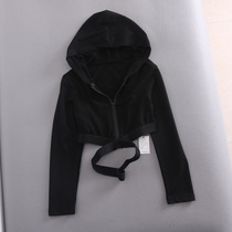 2021 spring new European and American womens elastic webbing long-sleeved short section exposed umbilical hooded sweater womens high-waisted top