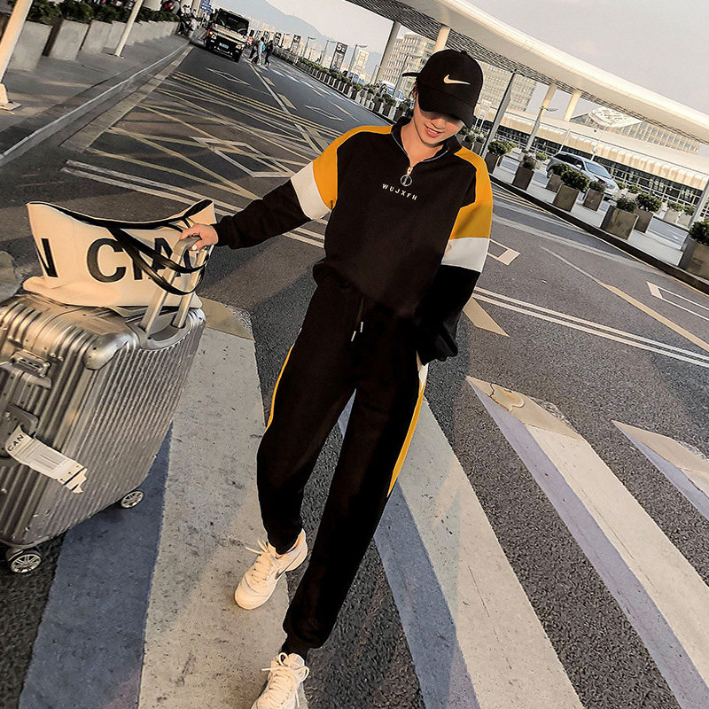 Sports and leisure suit women's autumn and winter 2020 new fashion loose plus velvet thick stand collar zipper sweater two-piece set