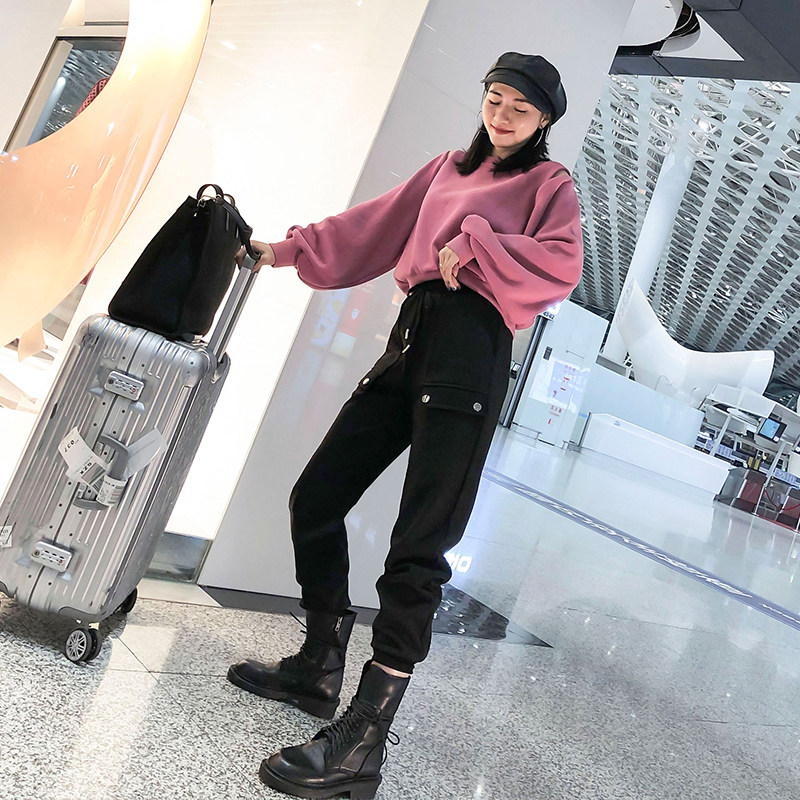 Autumn and winter overalls pants wear two-piece bf style overalls women's handsome off-shoulder sweater suit tide