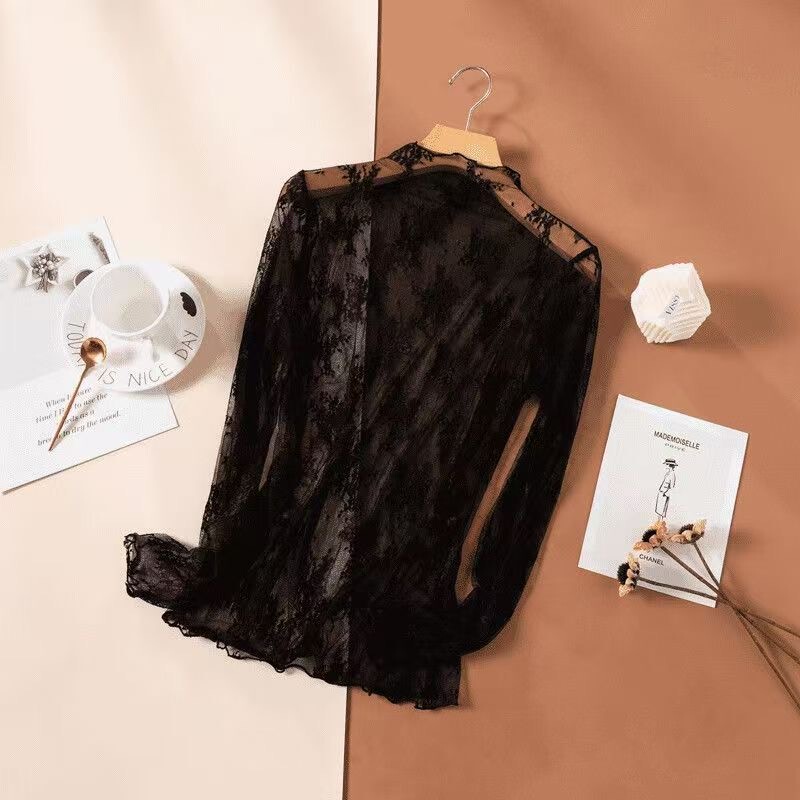 Lace Base Shirt for Women, Suitable for Layering in Spring, Autumn, and Winter 2026, New Half-High Collar, Layered Top, Hollow Long-Sleeve, Sexy Blouse