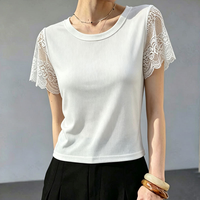 White Mesh Short-Sleeve T-Shirt for Women, Summer Lace Patchwork Thin Top, Slightly See-Through, Can Be Worn as an Inner Layer or Outerwear