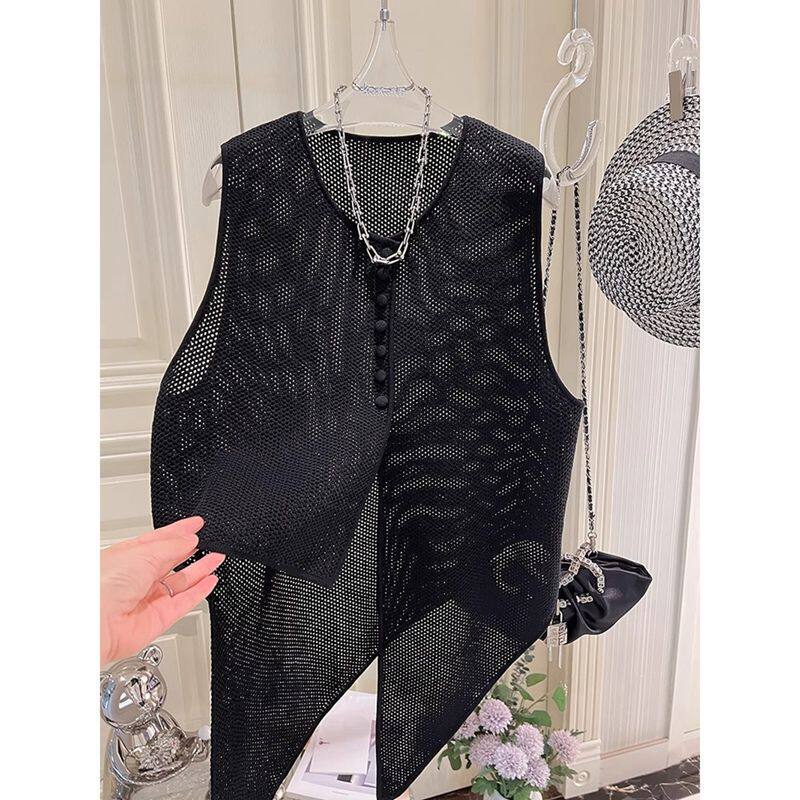 European Style Summer New Hollow-Out Layered Knit Vest for Women, Fashionable Versatile Sleeveless Top, Irregular Niche Design