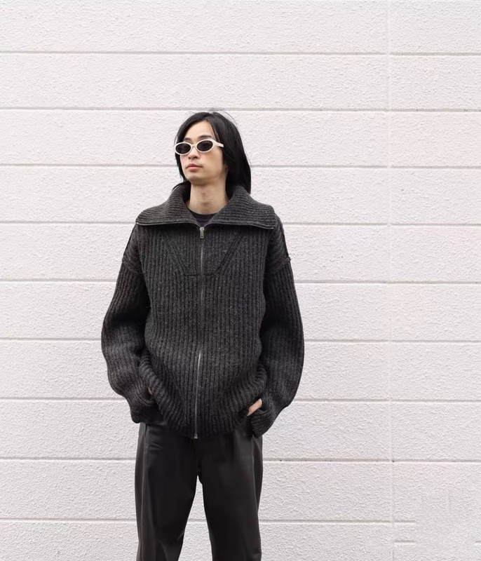 Correct Version of Lem Consinee Baby Alpaca Wool Blend Elegant Lapel Sweater Coat Loose Knit Zipper Cardigan Correct Version of Lem Consinee Baby Alpaca Wool Blend Elegant Lapel Sweater Coat Loose Knit Zipper Cardigan