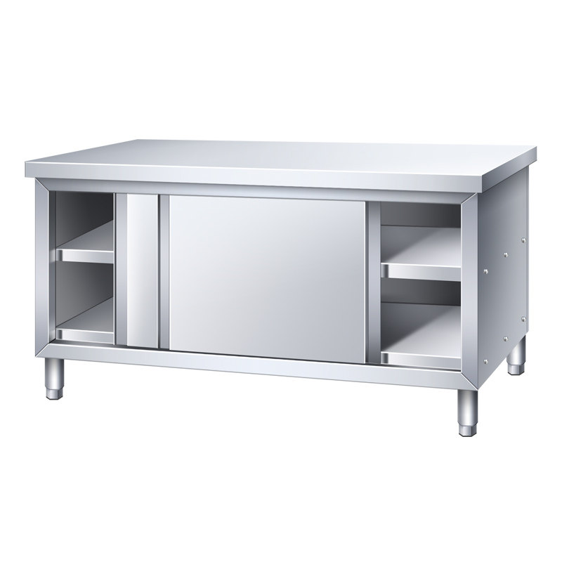 304 Stainless Steel Kitchen Workbench with Sliding Door, Chopping Board, Storage Cabinet, Vegetable Cutting Table for Commercial Use in Restaurants