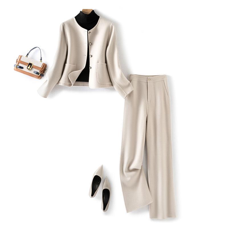 Double-Sided Cashmere Tweed Style Fashion Casual Suit for Women 2026 Autumn and Winter New Japanese Style Slimming Straight-Leg Pants Two-Piece Set