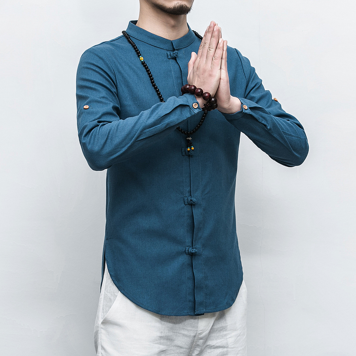 Chinese style men's stand-up collar button linen large size long-sleeved shirt ethnic literary cotton and linen loose shirt men's