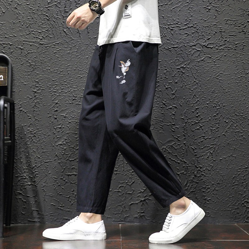 Chinese style embroidered pants men's cotton and linen casual harem pants Tang suit ethnic style Japanese retro small feet bloomers tide