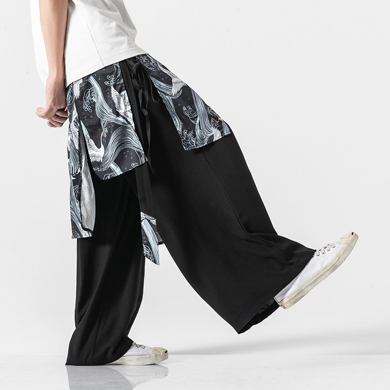 Day Department Large size Chinese Wind straight drum pants Male Young cotton Cotton Linen Wide Leg Casual Pants Retro National Wind Hanfu Dress Pants Tide
