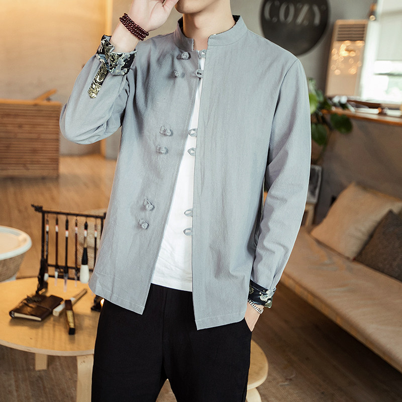 China Wind Down Dress Shirt Male youth upstanding Collar Shirt Disc Buttoned Retro National Wind Beating Undershirt Long Sleeve Jacket