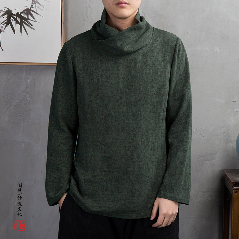 Chinese style Buddha large size Linen men's high neck T-shirt Cotton and Hemp youth Tang dress National style long sleeve top base shirt