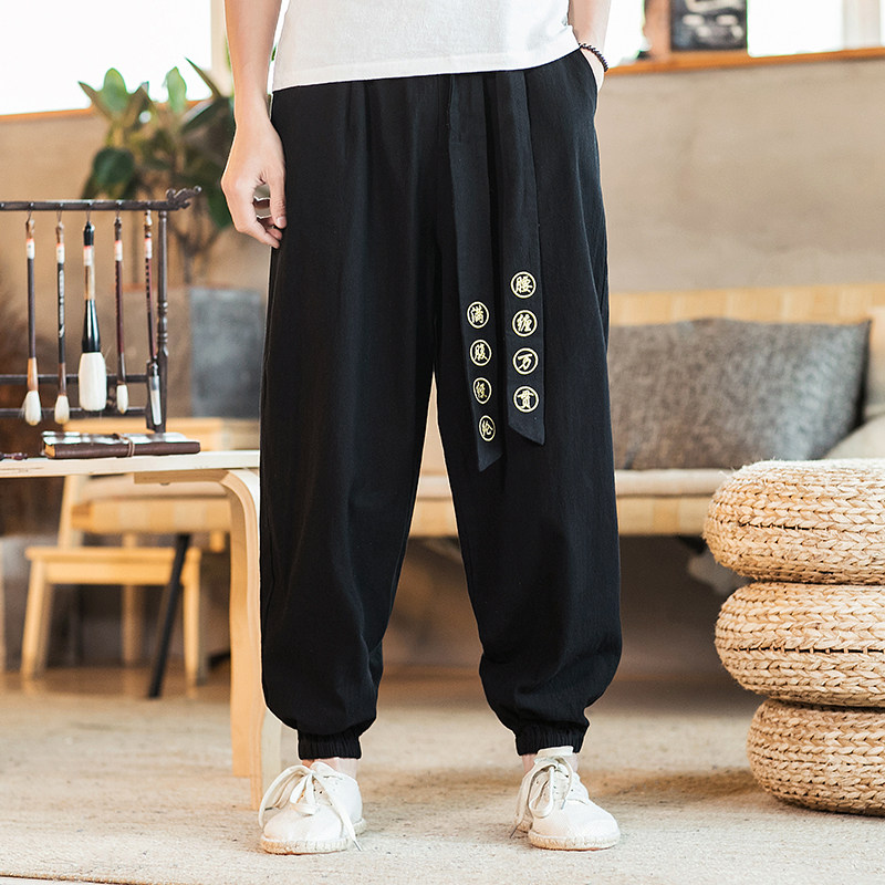 Chinese style men's embroidered cotton and linen pants men's large size fat harem pants national style retro wide leg pants bloomers trendy