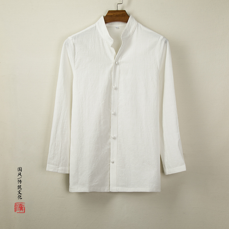 Autumn Chinese Style Cotton Linen Men's Button Shirt Large Size Casual Linen Bottom Shirt Chinese Style Retro Long Sleeve