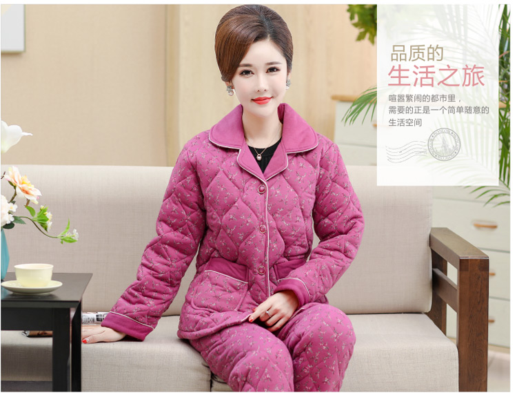 Mẹ mùa đông cotton bông đồ ngủ trung niên phụ nữ béo MM mùa thu và mùa đông XL cotton nhà dịch vụ phù hợp dày kiểu đồ bộ thun
