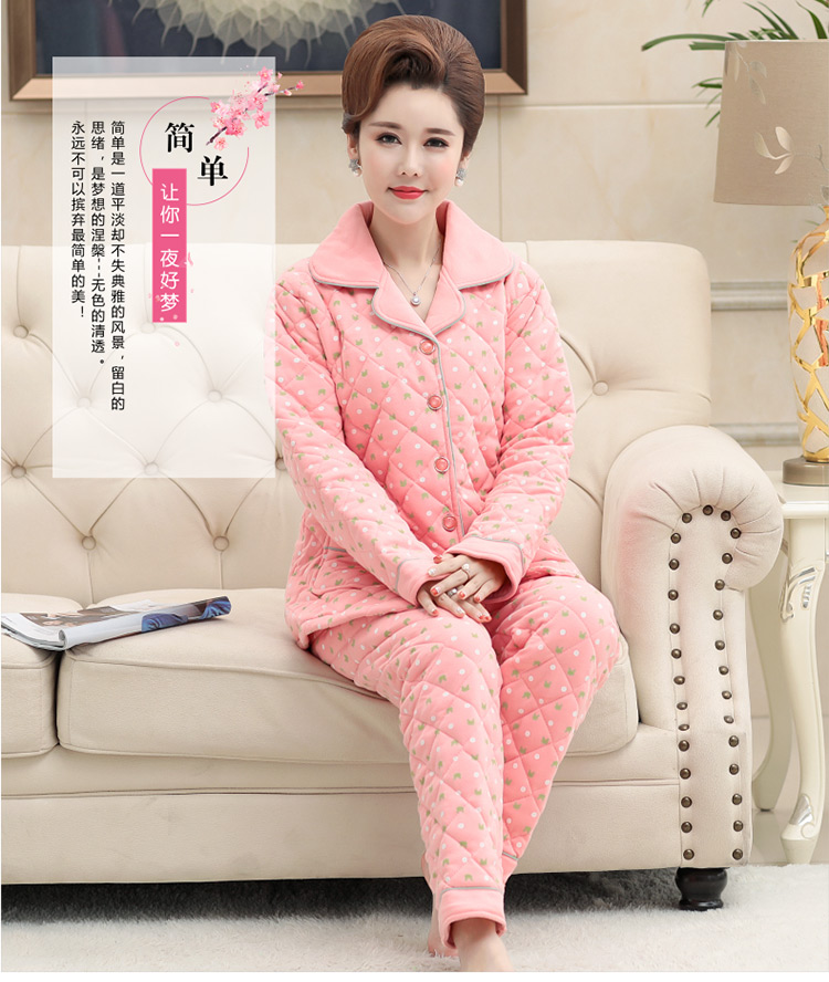 Mẹ mùa đông cotton bông đồ ngủ trung niên phụ nữ béo MM mùa thu và mùa đông XL cotton nhà dịch vụ phù hợp dày kiểu đồ bộ thun