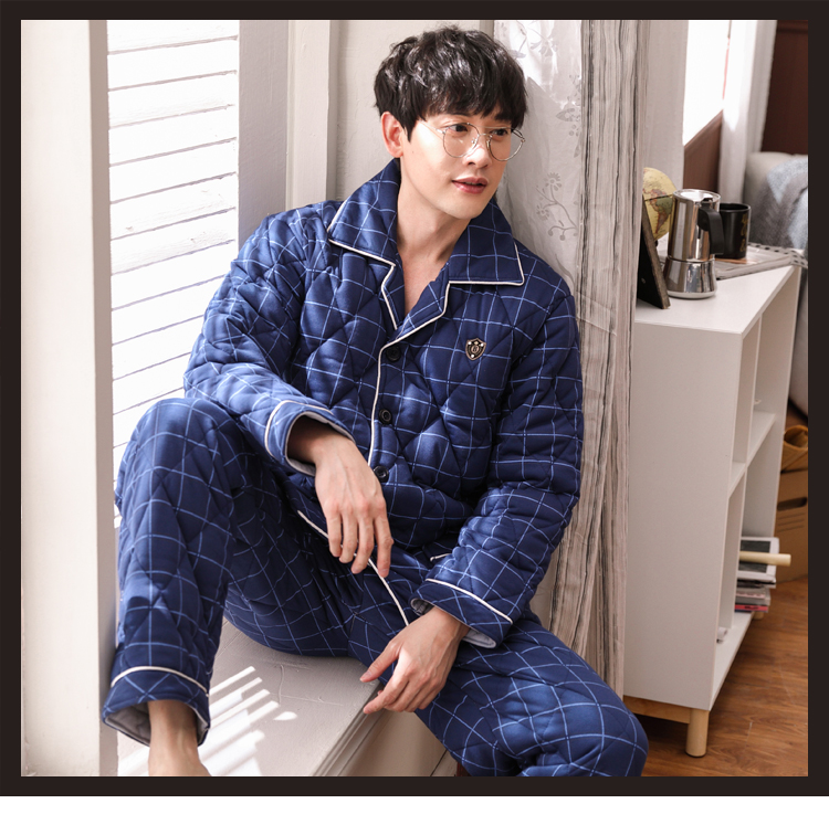 Bộ đồ ngủ trung niên nam mùa đông dày cotton nam mùa thu và mùa đông mô hình bông cộng với bông XL phục vụ nhà đồ lót nam đẹp