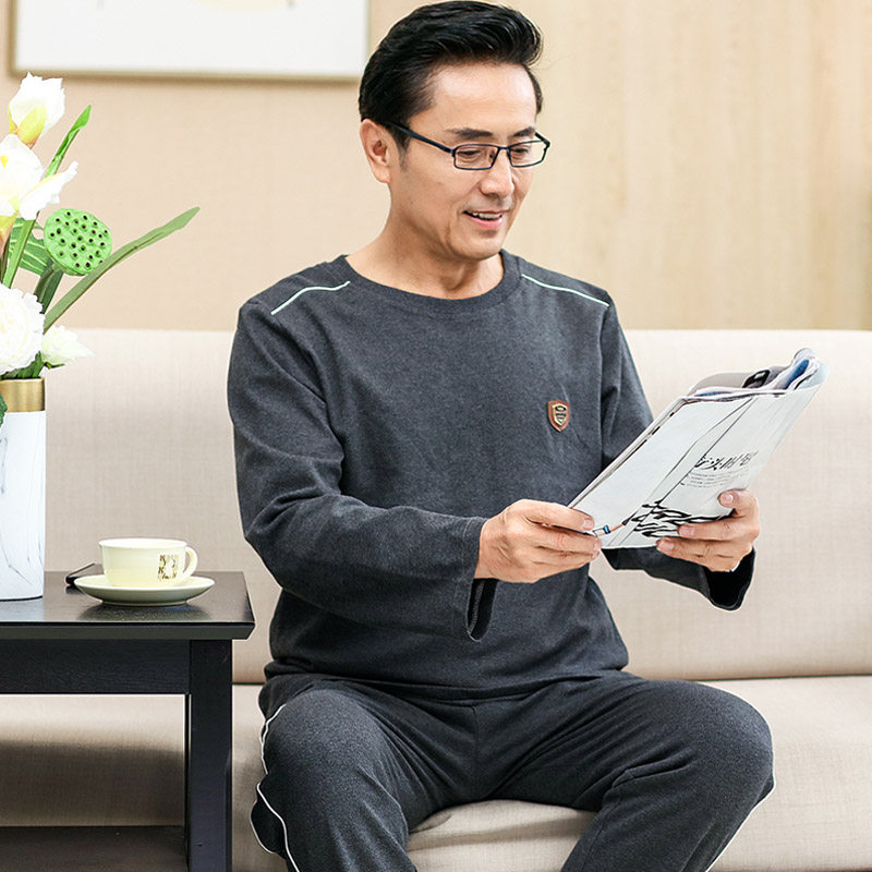 Middle-aged and elderly men's spring and autumn season long sleeves pure cotton pyjamas middle-aged dad loose and large size circle collar home suit suit