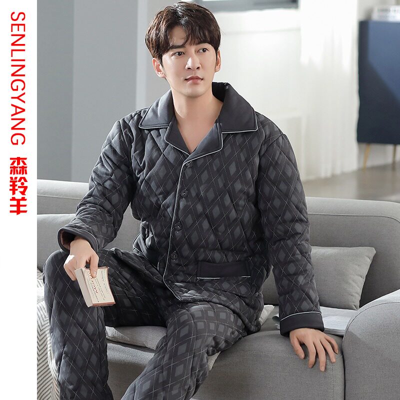 Winter men's pure cotton laminated cotton Sleeping clothes middle-aged Dad autumn and winter day Three layers of thickened warm all cotton Home Clothing Suit-Taobao